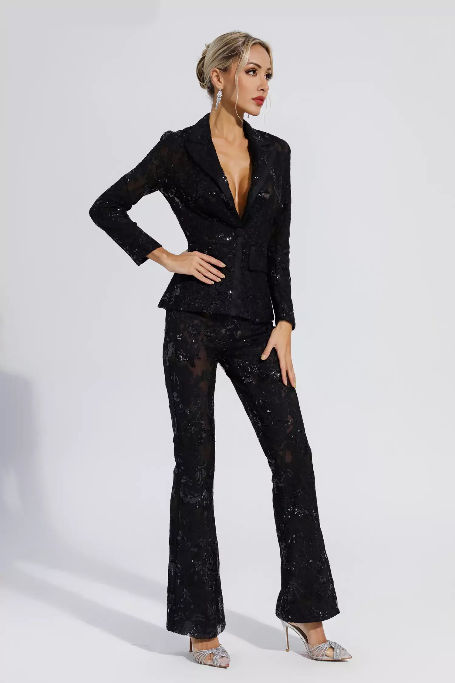 Kaeifa Black Floral Sequin Sheer Lace Blazer Wide Leg Pant Set