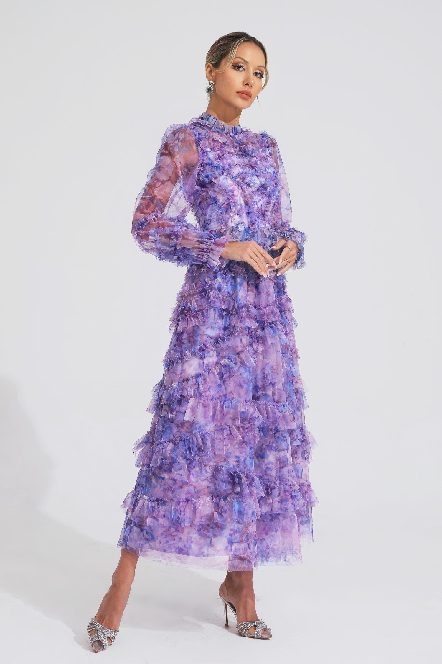 Kaeifa Purple Floral Maxi Dress - High Neck Sheer Sleeve Tiered