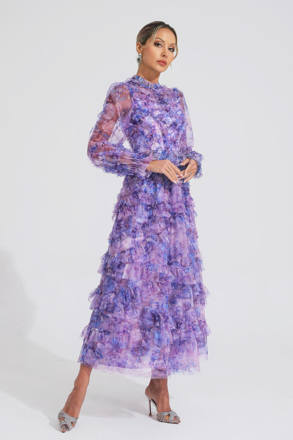 Kaeifa Purple Floral Maxi Dress - High Neck Sheer Sleeve Tiered