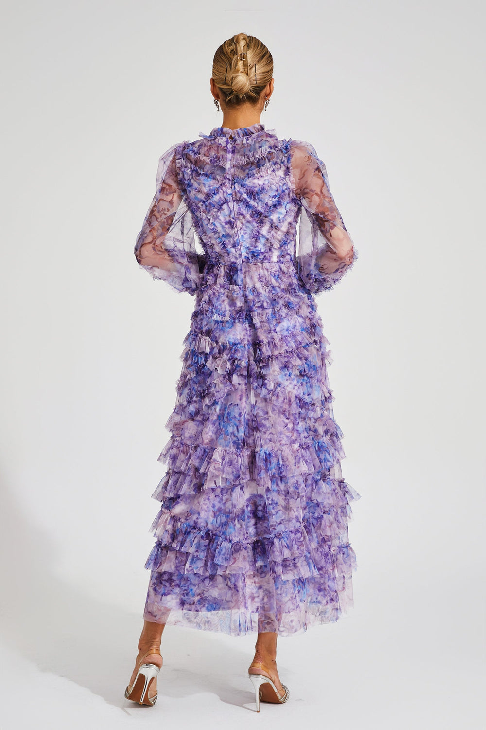 Kaeifa Purple Floral Maxi Dress - High Neck Sheer Sleeve Tiered