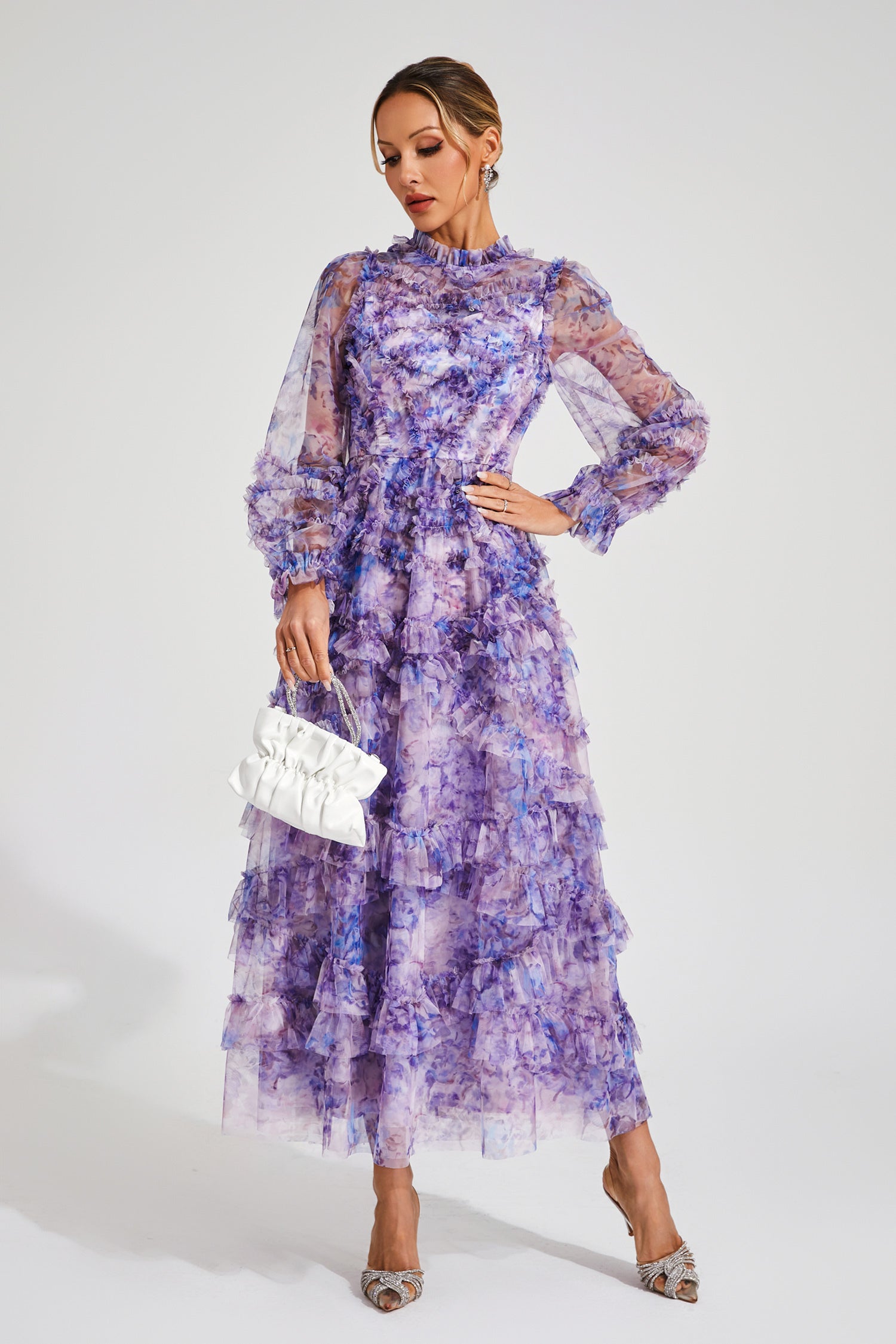 Kaeifa Purple Floral Maxi Dress - High Neck Sheer Sleeve Tiered