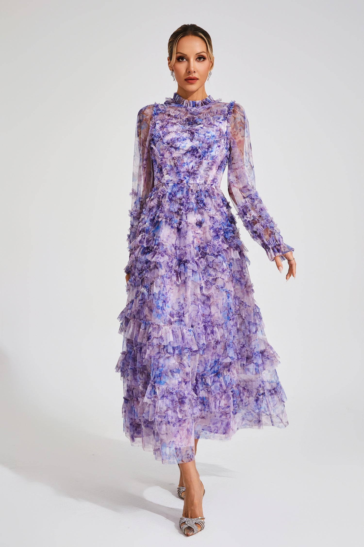 Kaeifa Purple Floral Maxi Dress - High Neck Sheer Sleeve Tiered