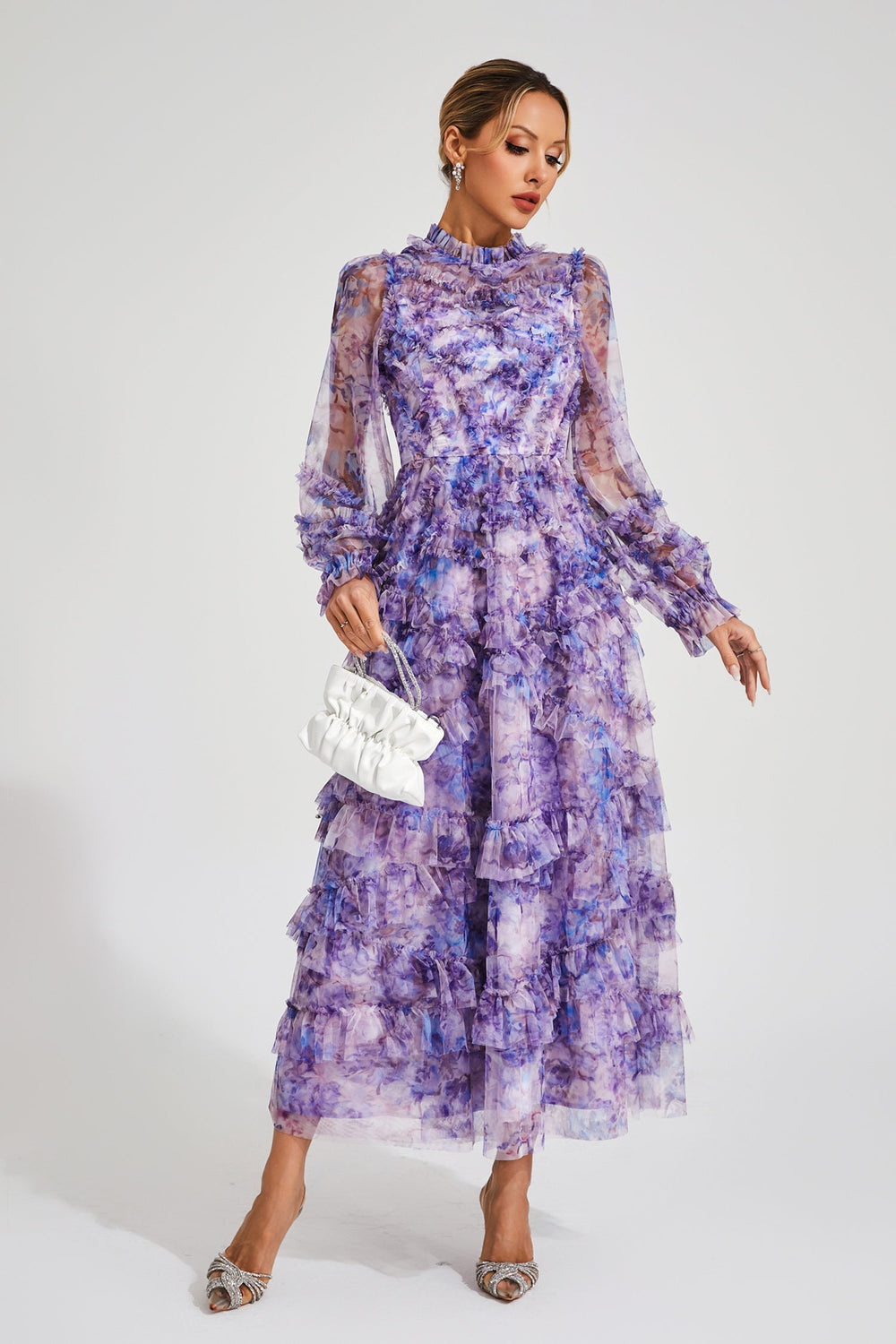 Kaeifa Purple Floral Maxi Dress - High Neck Sheer Sleeve Tiered