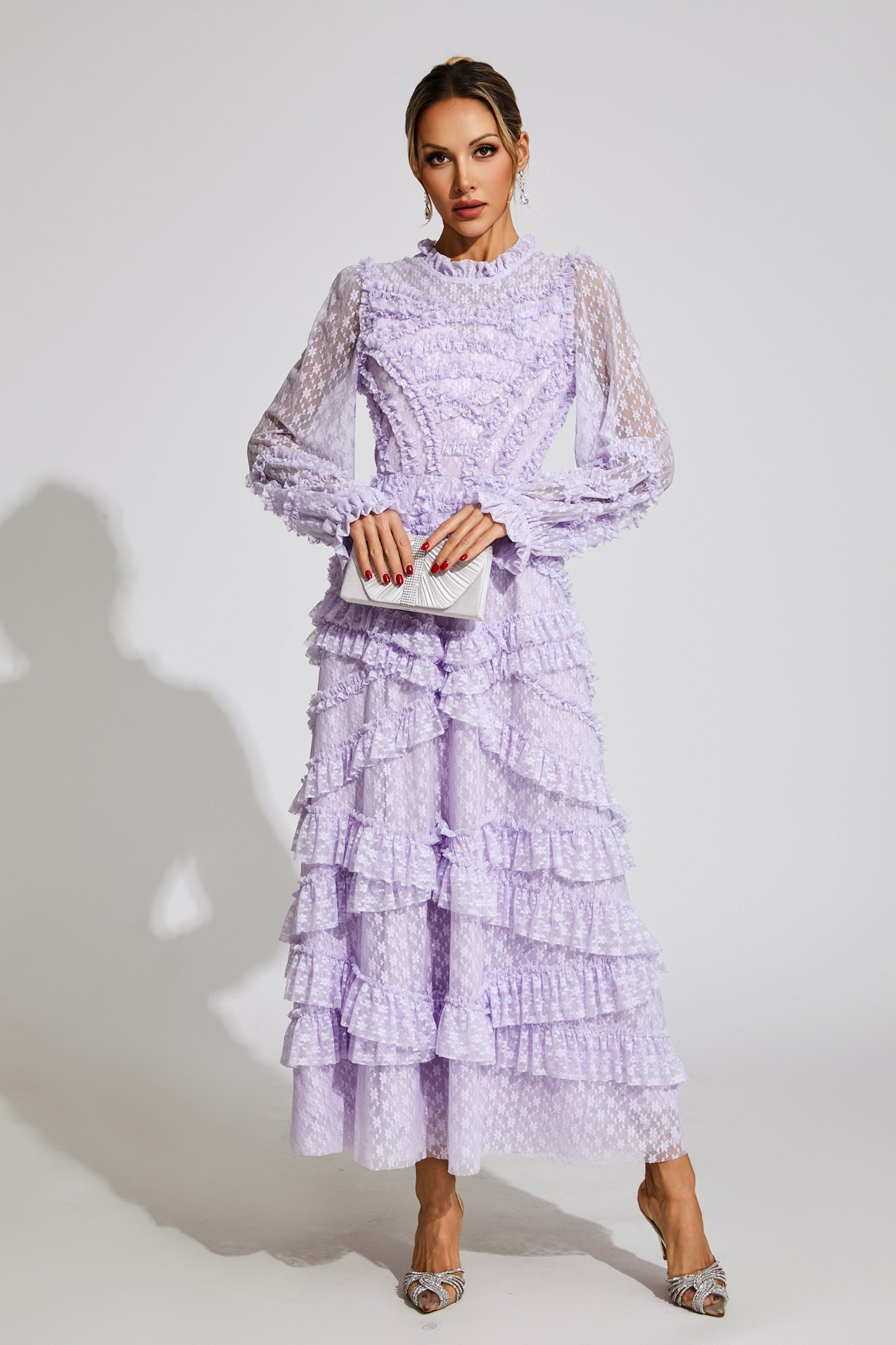 Kaeifa Lavender Floral Midi Dress - High Neck Sheer Sleeve Tiered