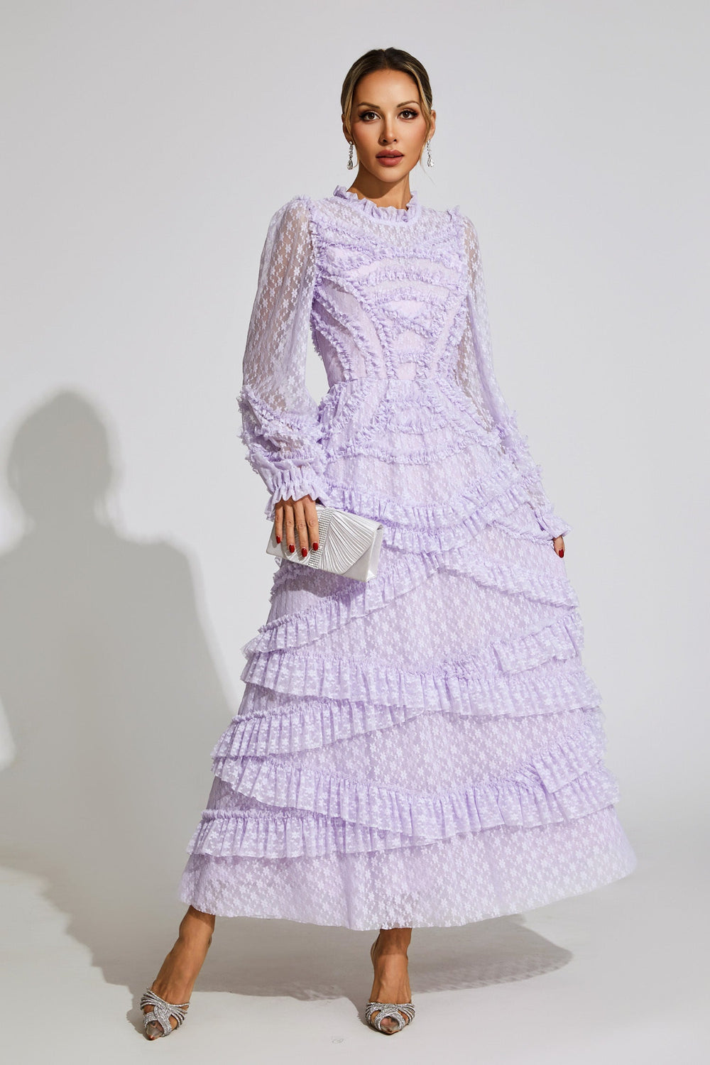 Kaeifa Lavender Floral Midi Dress - High Neck Sheer Sleeve Tiered