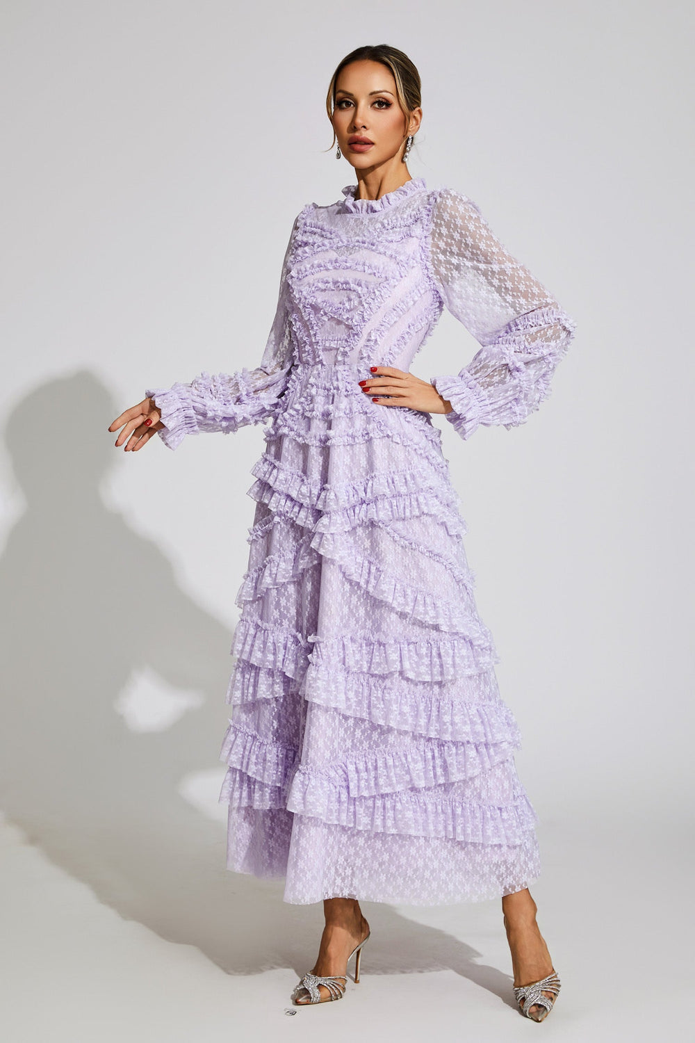 Kaeifa Lavender Floral Midi Dress - High Neck Sheer Sleeve Tiered