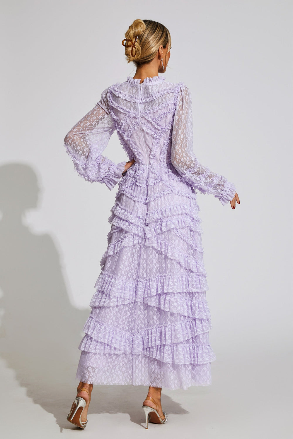 Kaeifa Lavender Floral Midi Dress - High Neck Sheer Sleeve Tiered