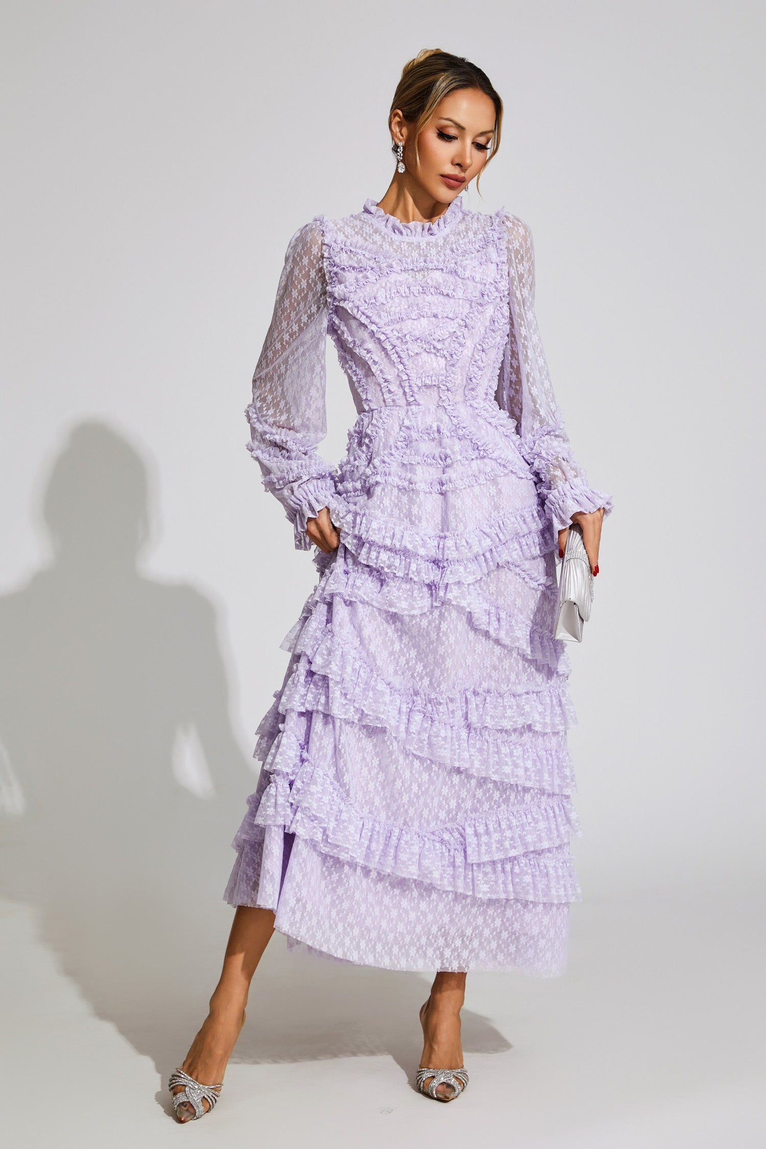 Kaeifa Lavender Floral Midi Dress - High Neck Sheer Sleeve Tiered