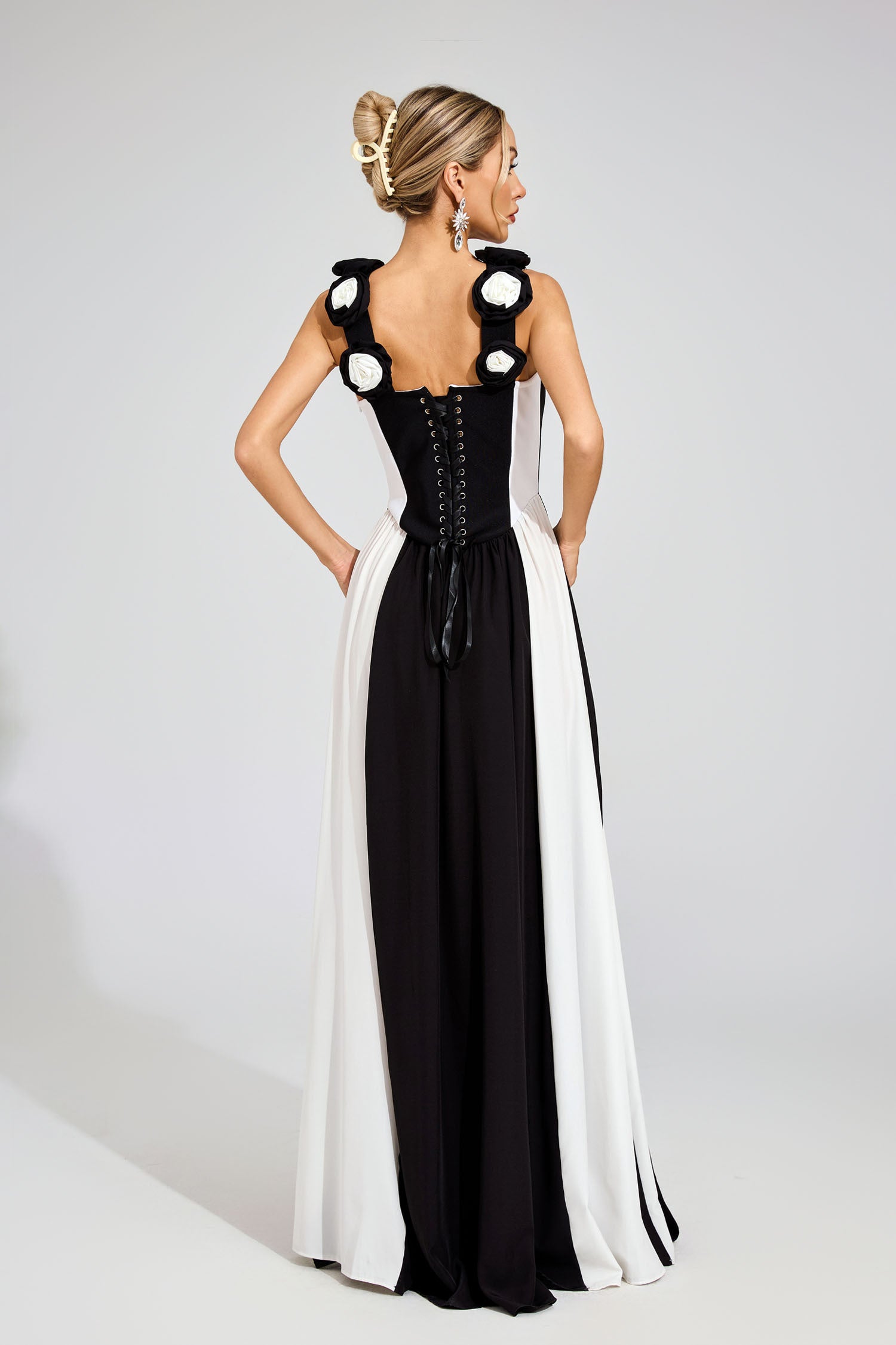 Kaeifa Black White Contrast Stripe 3D Rose A-Line Maxi Gown