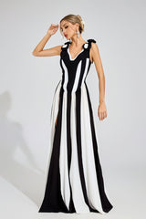 Kaeifa Black White Contrast Stripe 3D Rose A-Line Maxi Gown