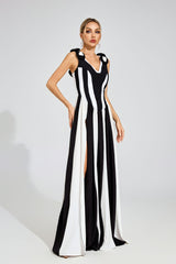 Kaeifa Black White Contrast Stripe 3D Rose A-Line Maxi Gown