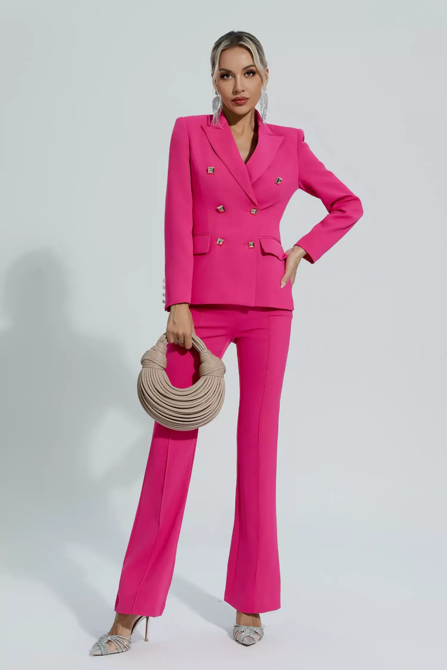 Kaeifa Fuchsia Double Breasted Blazer Flare Trouser Suit Two Piece Set