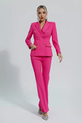 Kaeifa Fuchsia Double Breasted Blazer Flare Trouser Suit Two Piece Set