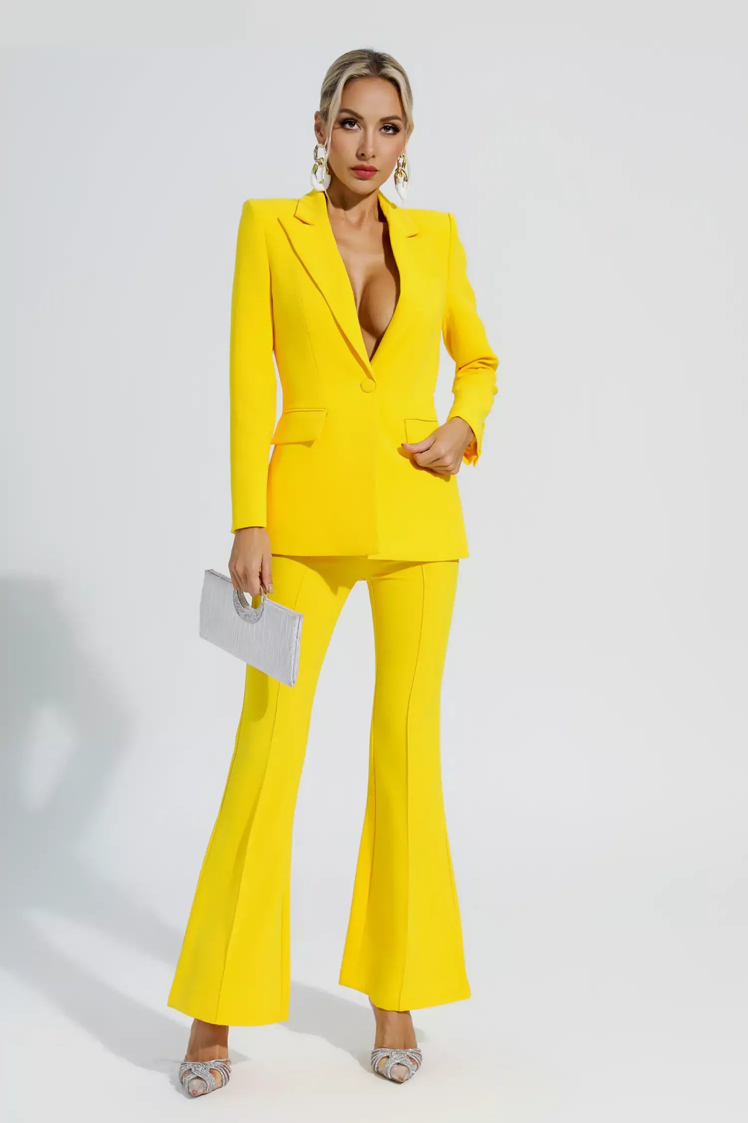 Kaeifa Canary Yellow Power Shoulder Blazer Flared Trouser Set