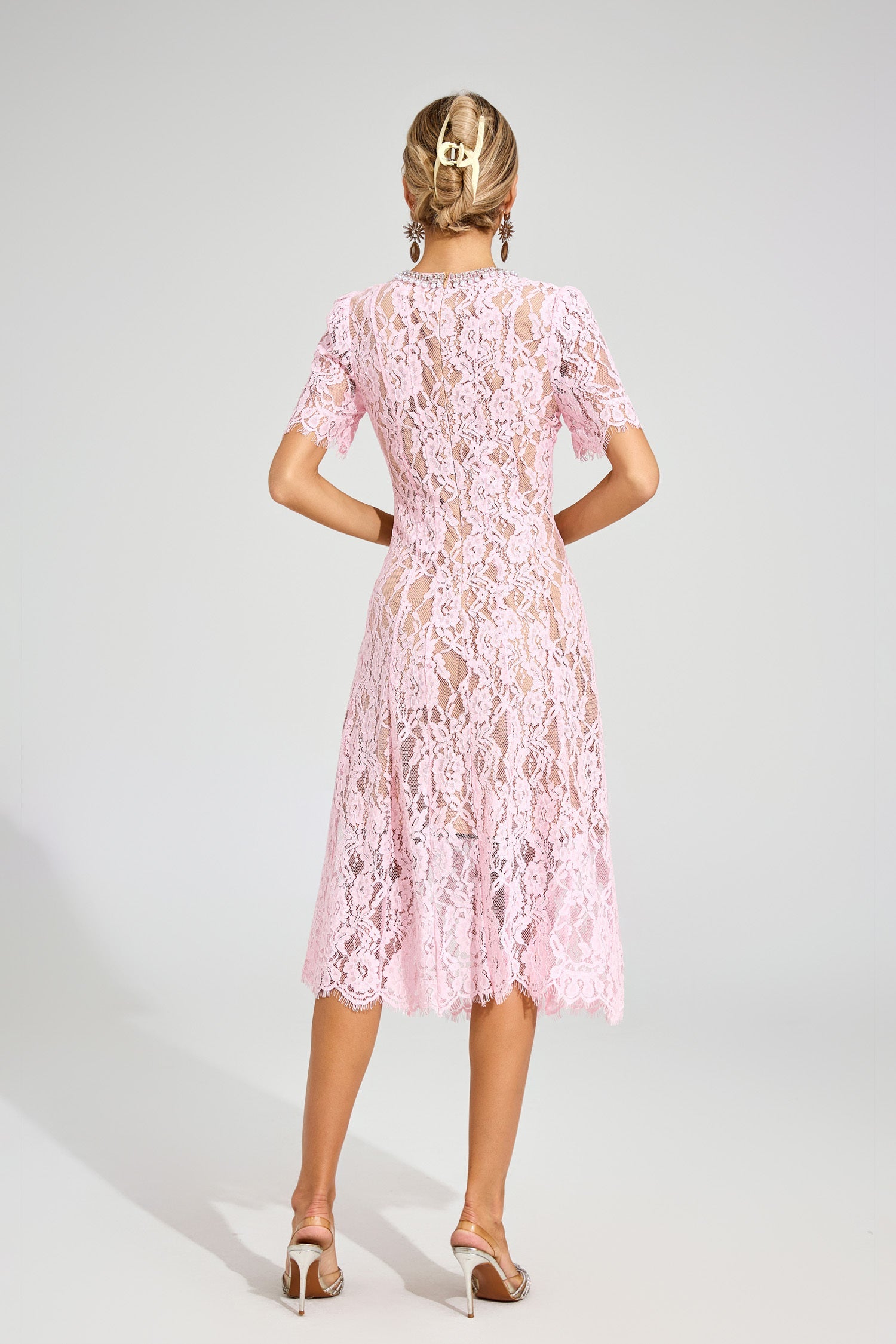 Kaeifa Pink Guipure Lace Round Neck Puff Sleeve Midi Dress