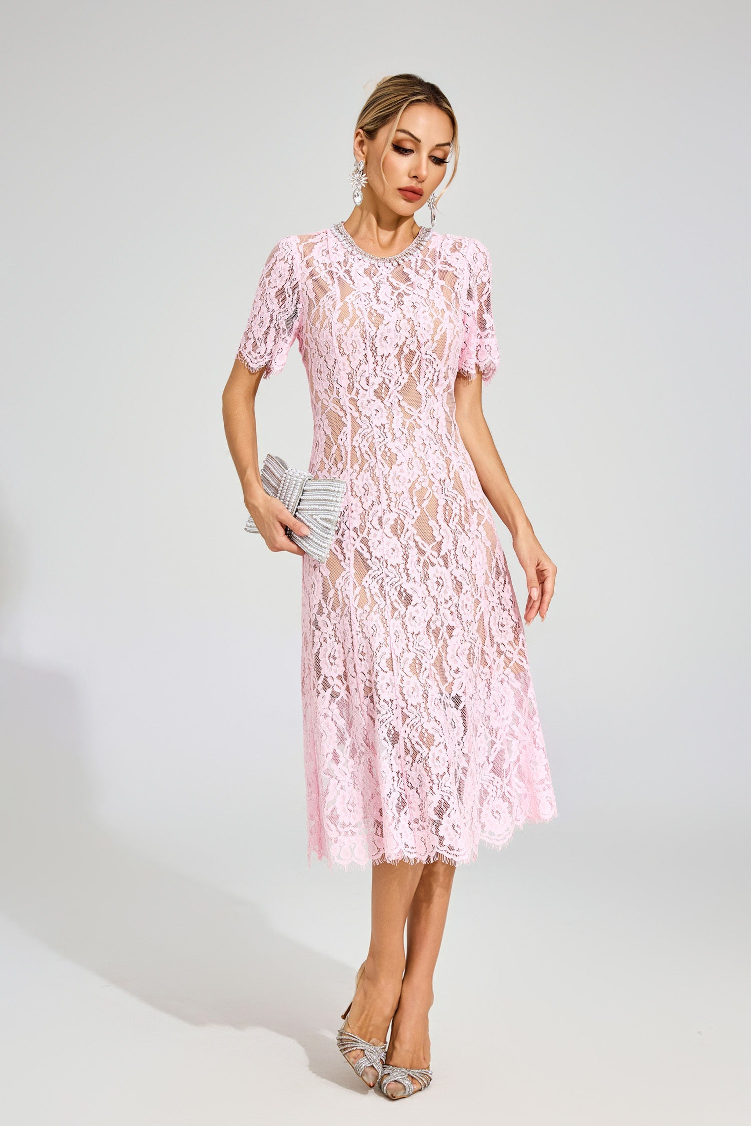 Kaeifa Pink Guipure Lace Round Neck Puff Sleeve Midi Dress