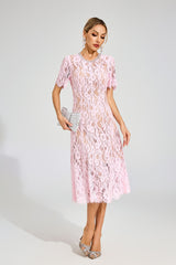 Kaeifa Pink Guipure Lace Round Neck Puff Sleeve Midi Dress