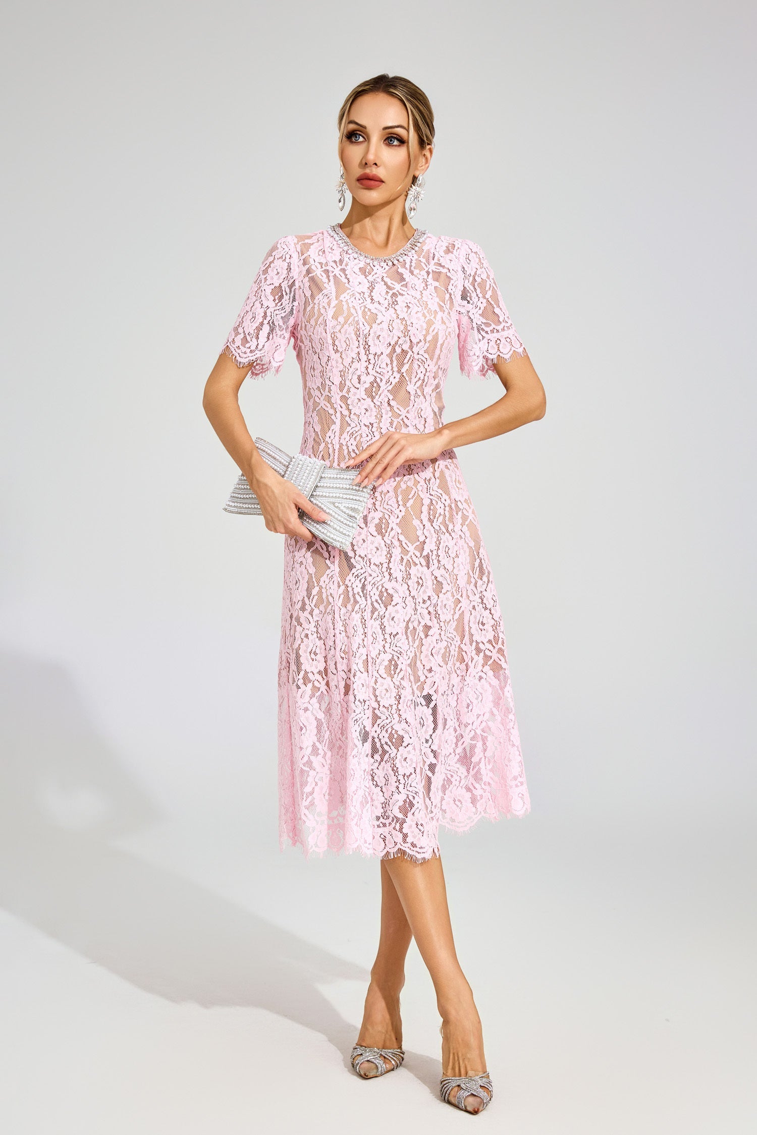 Kaeifa Pink Guipure Lace Round Neck Puff Sleeve Midi Dress