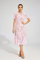 Kaeifa Pink Guipure Lace Round Neck Puff Sleeve Midi Dress