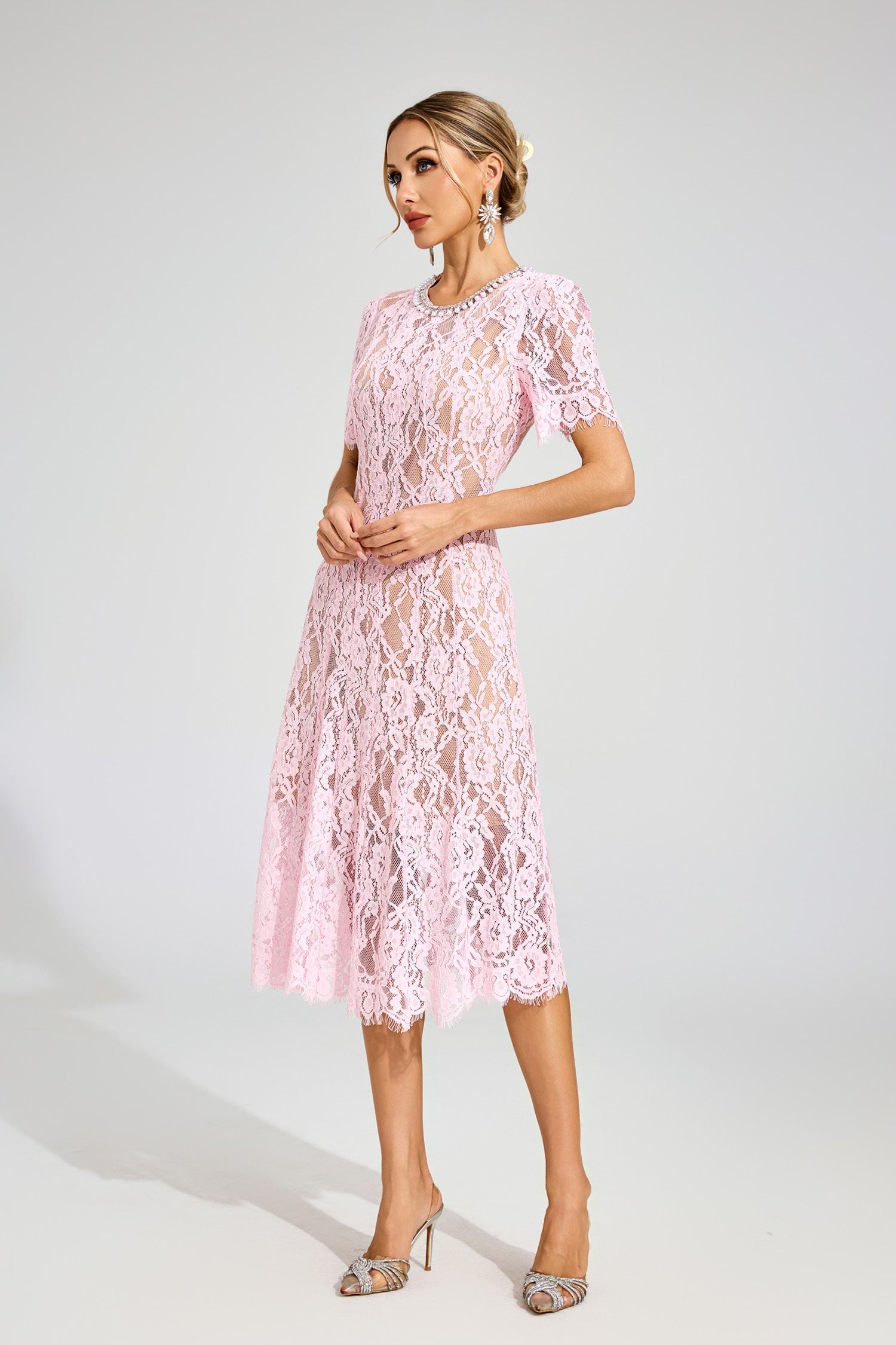 Kaeifa Pink Guipure Lace Round Neck Puff Sleeve Midi Dress