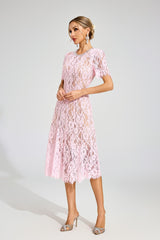 Kaeifa Pink Guipure Lace Round Neck Puff Sleeve Midi Dress
