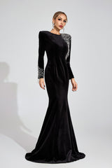 Kaeifa Black Velvet Crystal Fringe Long Sleeve Mermaid Gown