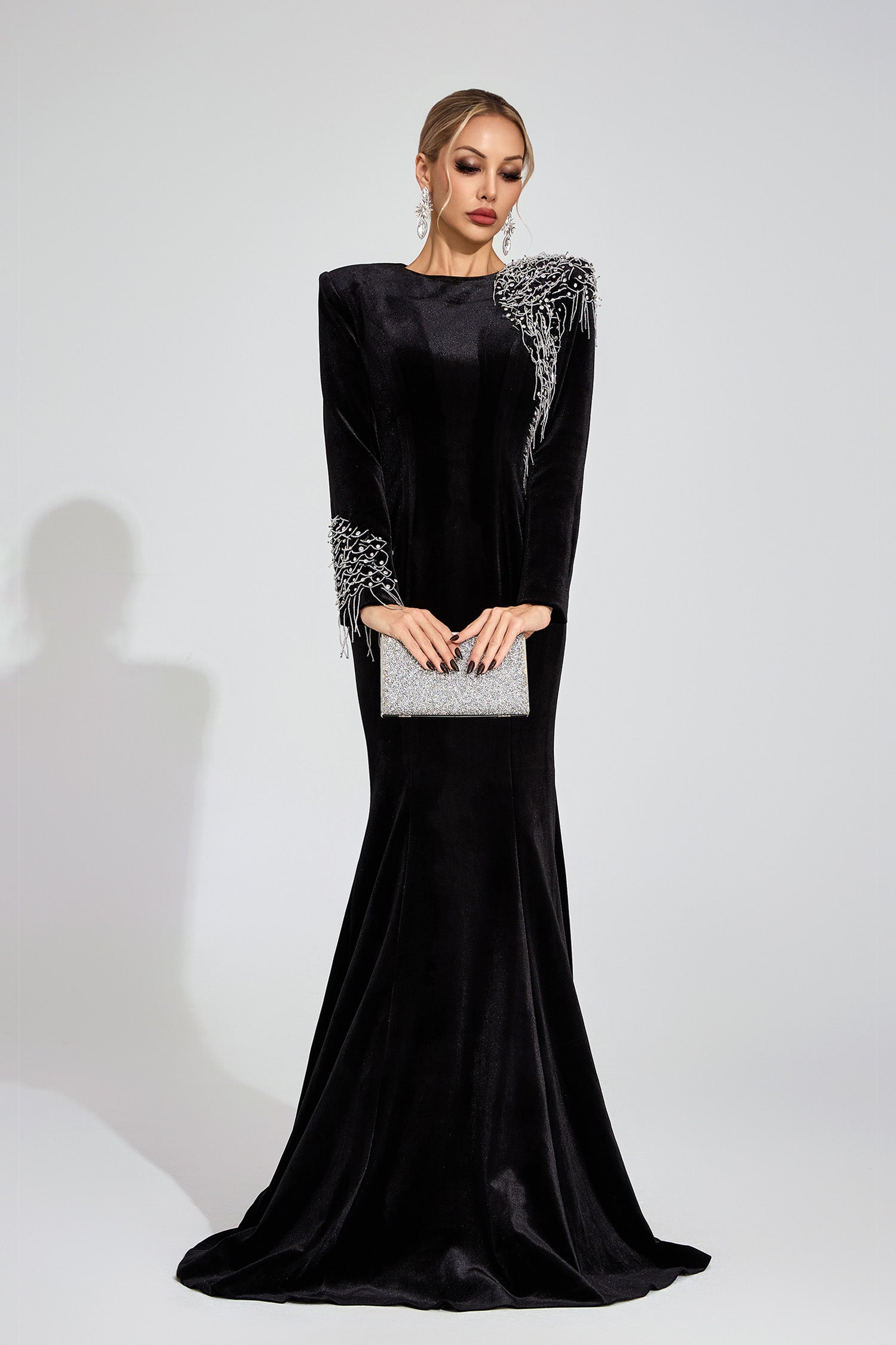 Kaeifa Black Velvet Crystal Fringe Long Sleeve Mermaid Gown