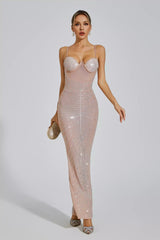 Kaeifa Nude Pink Crystal Beaded Sweetheart Spaghetti Strap Maxi Dress