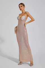 Kaeifa Nude Pink Crystal Beaded Sweetheart Spaghetti Strap Maxi Dress