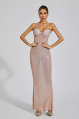 Kaeifa Nude Pink Crystal Beaded Sweetheart Spaghetti Strap Maxi Dress