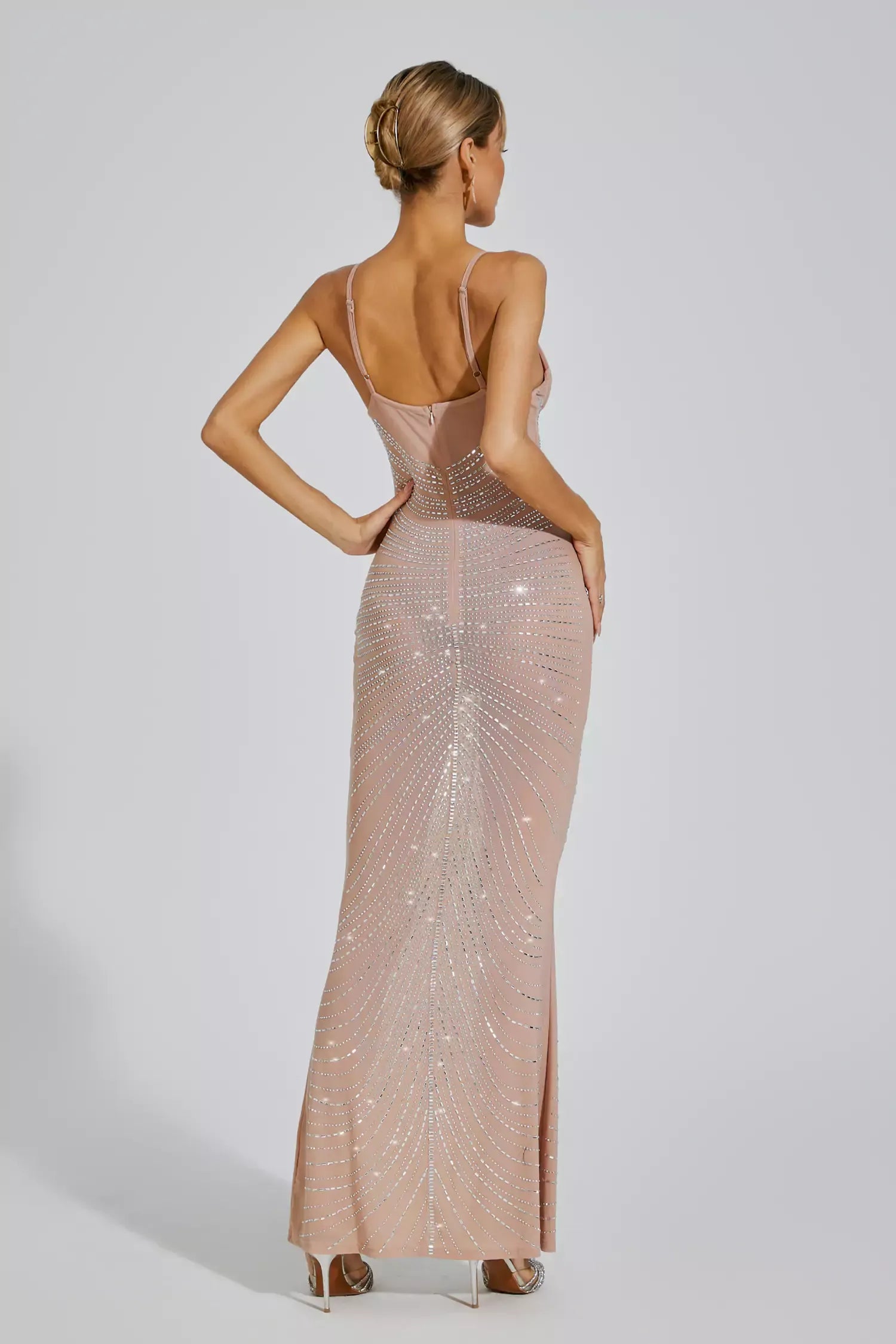 Kaeifa Nude Pink Crystal Beaded Sweetheart Spaghetti Strap Maxi Dress