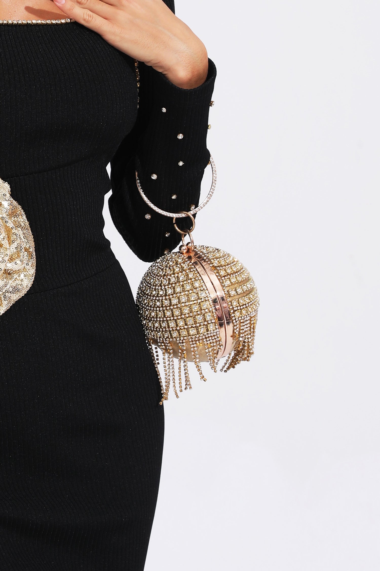 Kaeifa Gold Crystal Tassel Ball Clutch Ring Handle Evening Bag