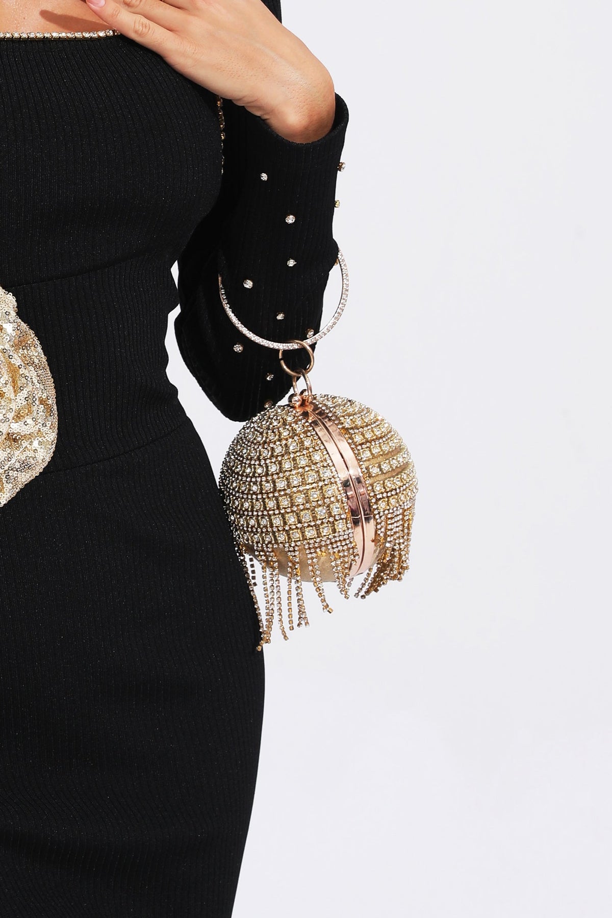 Kaeifa Gold Crystal Tassel Ball Clutch Ring Handle Evening Bag