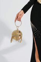Kaeifa Gold Crystal Tassel Ball Clutch Ring Handle Evening Bag