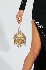 Kaeifa Gold Crystal Tassel Ball Clutch Ring Handle Evening Bag