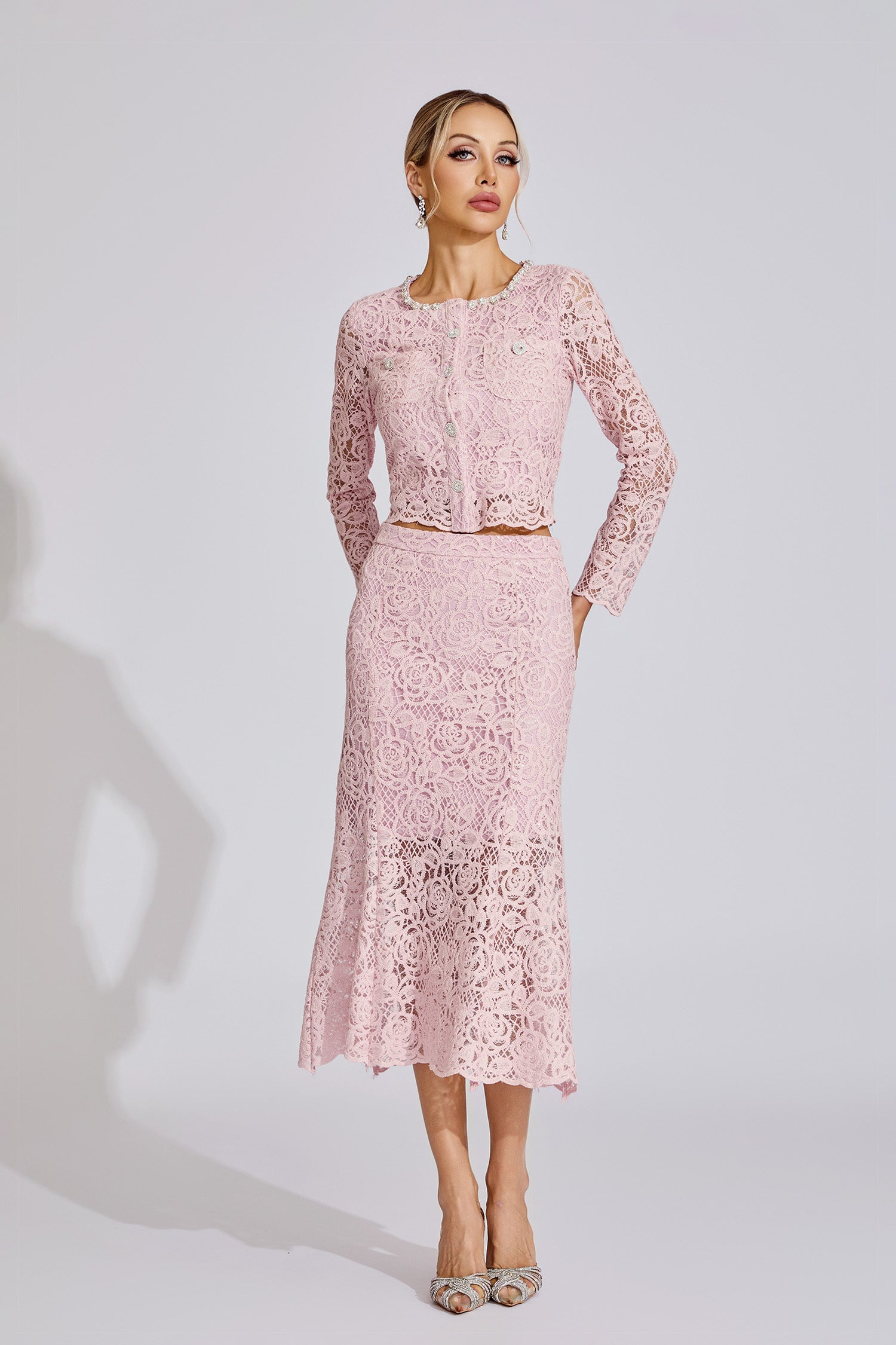 Kaeifa Pink Floral Lace Long Sleeve Crop Top Midi Skirt Set