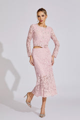 Kaeifa Pink Floral Lace Long Sleeve Crop Top Midi Skirt Set