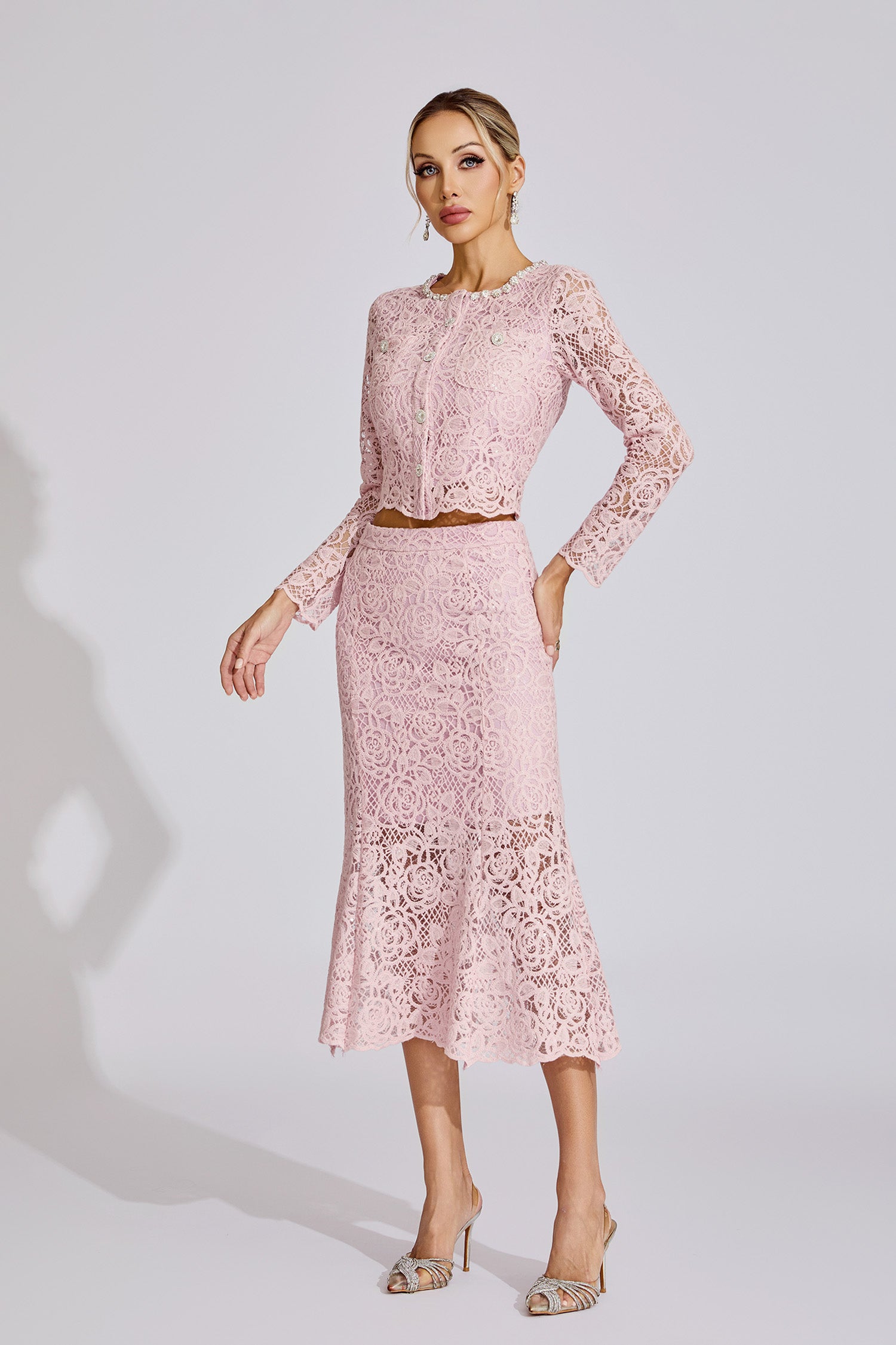Kaeifa Pink Floral Lace Long Sleeve Crop Top Midi Skirt Set