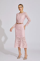 Kaeifa Pink Floral Lace Long Sleeve Crop Top Midi Skirt Set