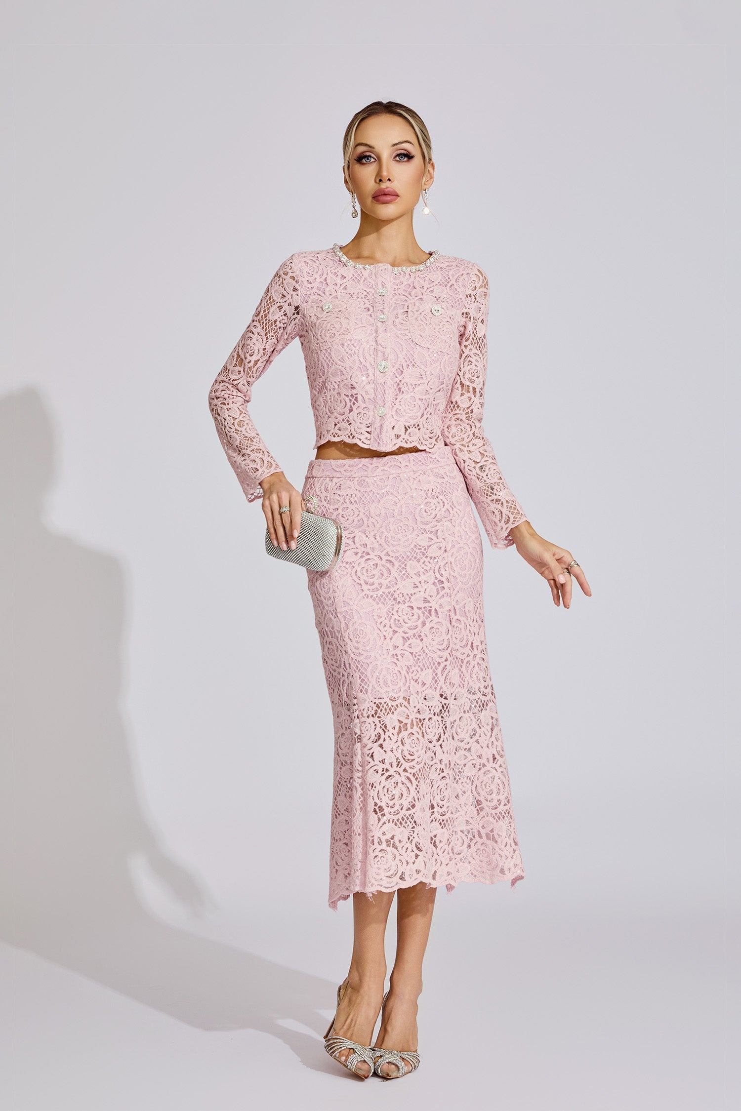 Kaeifa Pink Floral Lace Long Sleeve Crop Top Midi Skirt Set