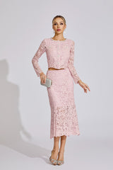 Kaeifa Pink Floral Lace Long Sleeve Crop Top Midi Skirt Set