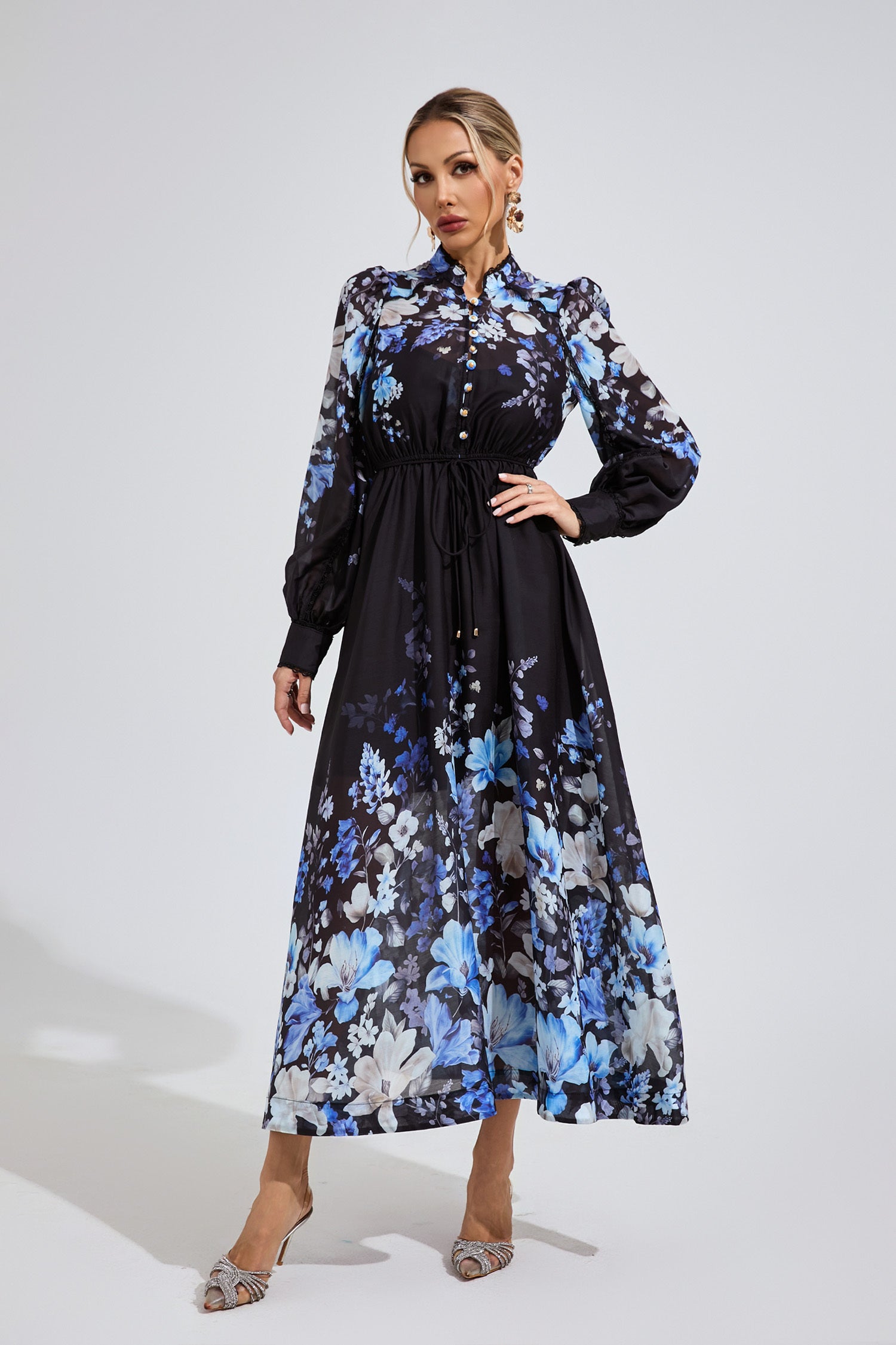 Kaeifa Black Blue Floral Chiffon Mock Neck Belted A-Line Maxi Dress
