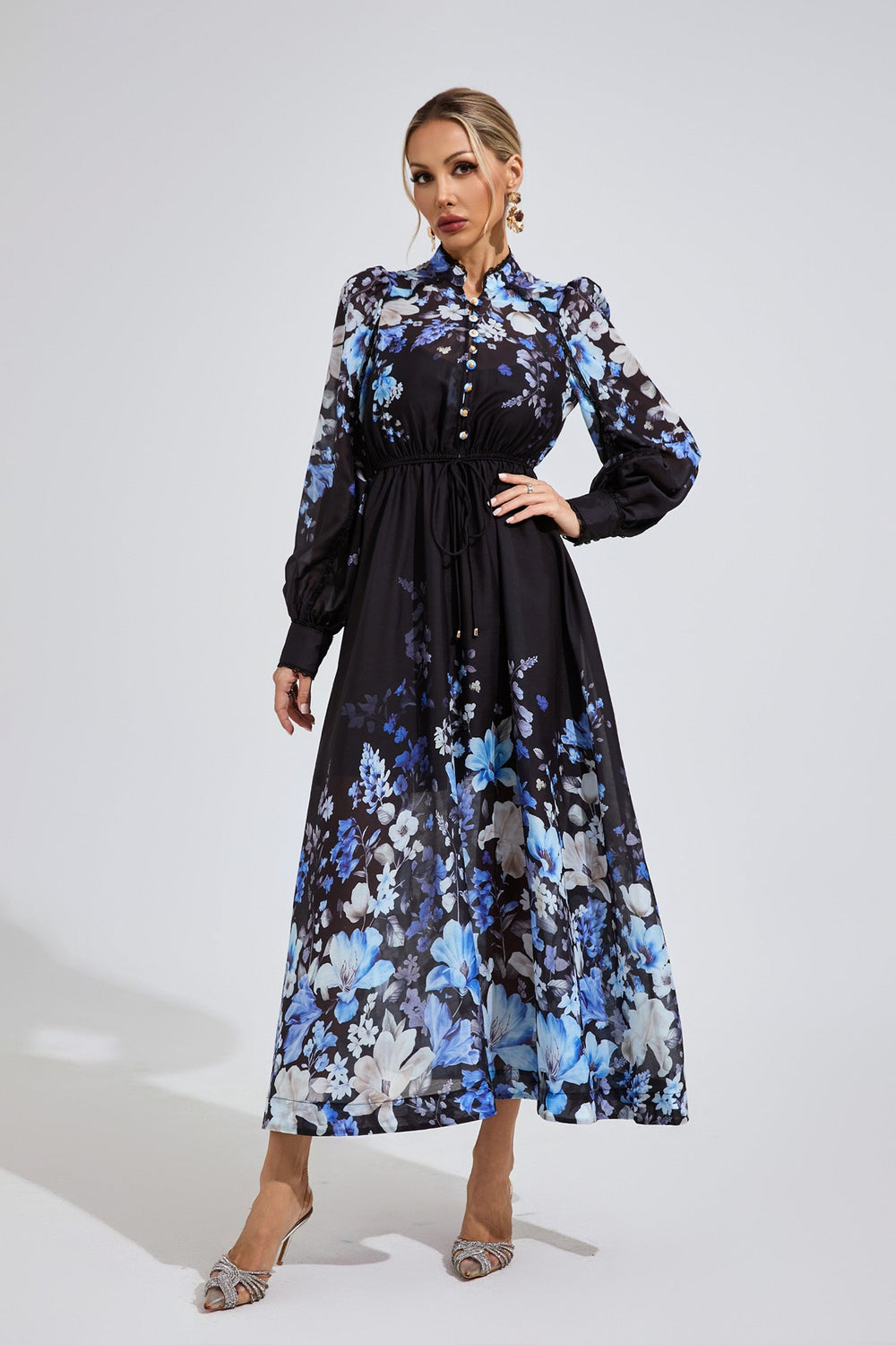 Kaeifa Black Blue Floral Chiffon Mock Neck Belted A-Line Maxi Dress